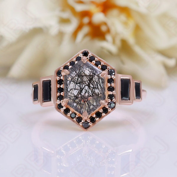 Hexagon Black Rutilated Quartz 925 Silver 14K Rose Gold Halo Engagement Promise Statement Ring Birthday Graduation Anniversary Gift For Her