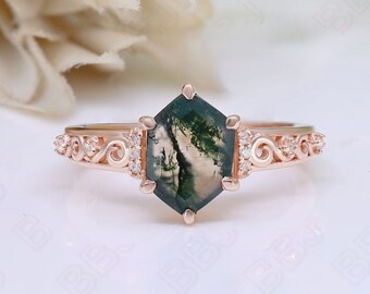Hexagon Moss Agate Ring, 14K Rose Gold Filigree, Moissanite Accents