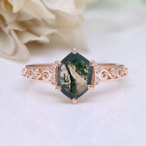 Hexagon Moss Agate Gemstone 925 Silver 14K Rose Gold Filigree Engagement Promise Statement Ring Birthday Anniversary Graduation Gift