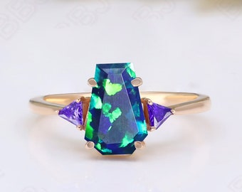 Northern Lights Green & Blue Coffin Opal 14K Rose Gold 925 Silver Engagement Ring Bridal Ring Wedding Ring Filigree Ring Birthday Gift