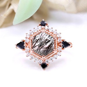 Hexagon Black Rutilated Quartz 925 Silver 14K 18KRose Gold Dainty Ring For Her Engagement Promise Statement Ring Birthday Graduation Gift