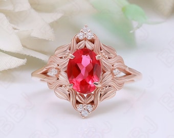 Bague rubis Filigrane Lab, or rose style victorien, accents de moissanite