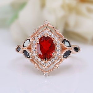 Oval Red Garnet Gemstone 925 Silver 14K 18K Rose Gold Halo Engagement Promise Statement Dainty Ring Birthday Anniversary Graduation Gift