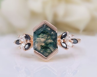 Hexagon Moss Agate Gemstone 925 Silver 14K 18K Rose Gold Solitaire Engagement Promise Statement Ring Birthday Anniversary Graduation Gift