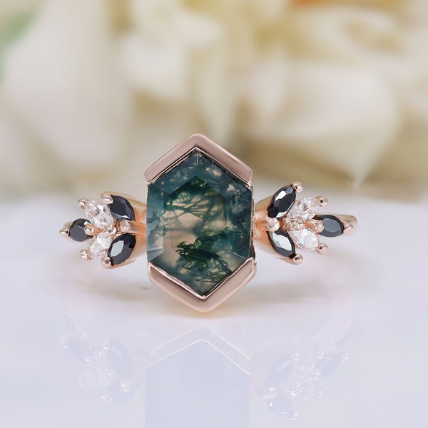 Hexagon Moss Agate Gemstone 925 Silver 14K 18K Rose Gold Solitaire Engagement Promise Statement Ring Birthday Anniversary Graduation Gift