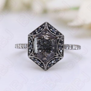 Hexagon Black Rutilated Quartz 925 Silver Black Rhodium Ready To Ship Halo Ring For Her Engagement Promise Statement Ring Birthday Gift