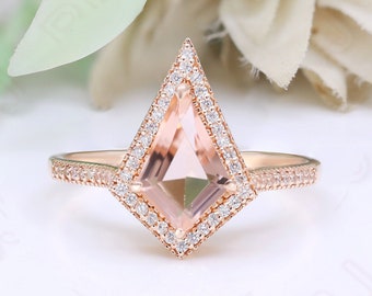 Kite Peach Morganite Ring: 925 Silver 14K Rose Gold Art Deco Promise Ring