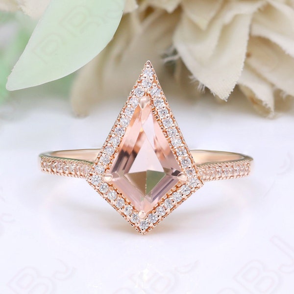 Kite Peach Morganite Gemstone 925 Silver 14K Rose Gold Ring For Her Art Deco Engagement Promise Statement Ring Birthday Anniversary Gift