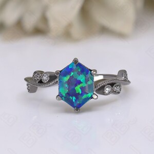 Vivid Northern Lights Hexagon Opal 14K Gold 925 Silver Black Rhodium Engagement Ring Wedding Ring Bridal Ring Anniversary Gift Birthday Gift