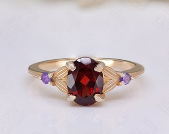 Oval Red Garnet Gemstone 925 Silver 14K 18K Rose Gold Leaf Engagement Promise Statement Dainty Ring Birthday Anniversary Graduation Gift