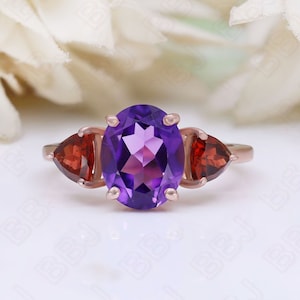 Oval Amethyst Ring, 14K Rose Gold, Red Garnet Accents