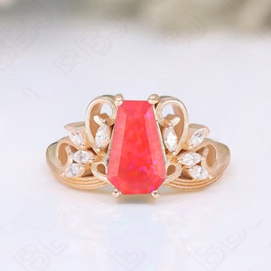 Pink Coffin Opal 14K Rose Gold 925 Silver Engagement Ring Bridal Ring Wedding Ring Filigree Ring Birthday Gift Victorian Theme Ring For Her