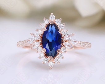 Marquise Blue Sapphire Gemstone 925 Silver 14K 18K Rose Gold Halo Engagement Promise Statement Ring Birthday Anniversary Graduation Gift