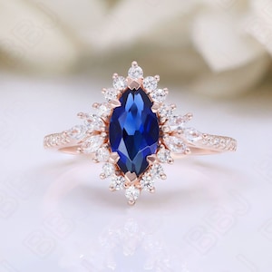 Marquise Blue Sapphire Gemstone 925 Silver 14K 18K Rose Gold Halo Engagement Promise Statement Ring Birthday Anniversary Graduation Gift