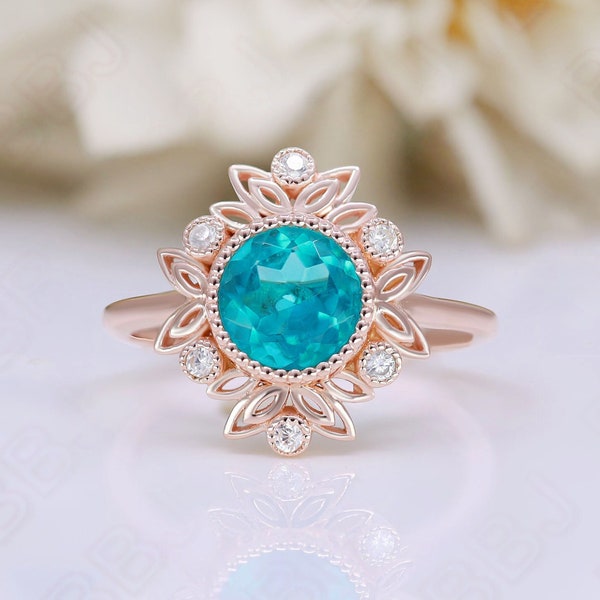 Round Paraiba Tourmaline Gemstone 925 Silver Rose Gold Plated Engagement Ring Statement Promise Art Deco Birthday Graduation Gift For Her