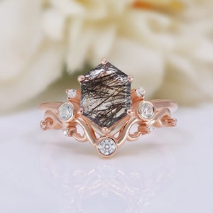 Hexagon Black Rutilated Quartz 925 Silver 14K 18K Rose Gold Plated Art Deco Ring Engagement Promise Statement Birthday Graduation Gift
