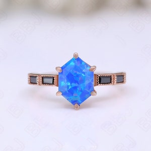 The Glowing Beach Shimmery Hexagon Blue Opal 14K Rose Gold 925 Silver Engagement Ring Wedding Ring Bridal Ring Birthday Anniversary Gift