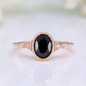 Oval Black Onyx Gemstone 925 Silver 14K 18K Rose Gold Halo Ring For Her Engagement Promise Statement Ring Birthday Anniversary Gift For Her
