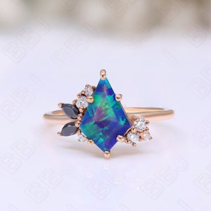 Vivid Northern Lights Kite Peacock Opal 14K Rose Gold 925 Silver Engagement Ring Wedding Ring Bridal Ring Art Deco Ring Birthday Gift