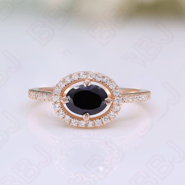 Oval Black Onyx Gemstone 925 Silver 14K 18K Rose Gold Halo Ring For Her Engagement Promise Statement Ring Birthday Anniversary Gift For Her