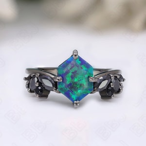 Vivid Northern Lights Hexagon Opal 14K Gold 925 Silver Black Rhodium Engagement Ring Wedding Ring Bridal Ring Anniversary Gift Birthday Gift