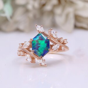 Vivid Northern Lights Hexagon Opal 14K Rose Gold 925 Silver Engagement Ring Wedding Ring Bridal Ring Art Deco Ring Anniversary Birthday Gift