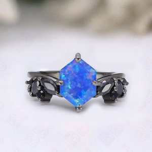 The Glowing Beach Waves Hexagon Opal 925 Silver Black Rhodium Plated Art Deco Engagement Promise Statement Ring Birthday Anniversary Gift