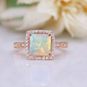 Square Ethiopian Opal Gemstone 925 Silver 14K Rose Gold Halo Engagement Promise Statement Dainty Ring Birthday Anniversary Graduation Gift