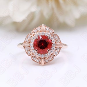 Round Red Garnet Gemstone 925 Silver 14K 18K Rose Gold Halo Engagement Promise Statement Art Deco Ring Birthday Anniversary Graduation Gift