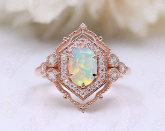 Oval Ethiopian Opal Gemstone 925 Silver 14K 18K Rose Gold Halo Engagement Promise Statement Dainty Ring Birthday Anniversary Graduation Gift