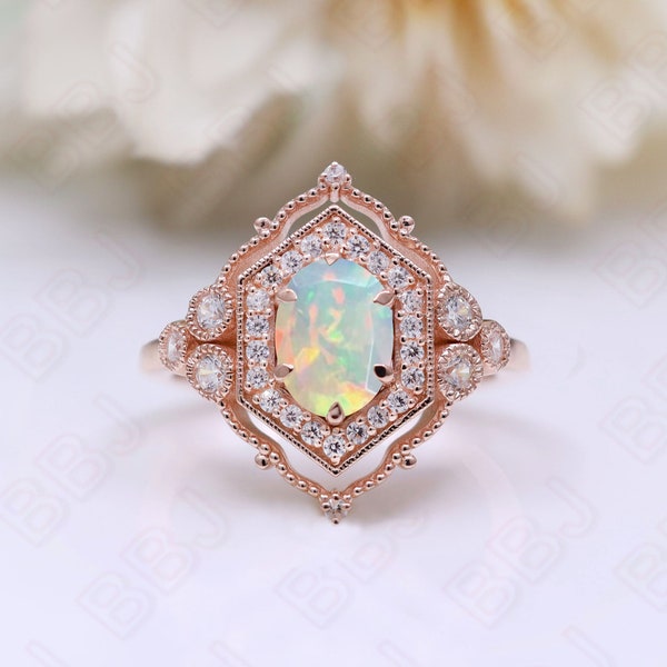 Oval Ethiopian Opal Gemstone 925 Silver 14K 18K Rose Gold Halo Engagement Promise Statement Dainty Ring Birthday Anniversary Graduation Gift