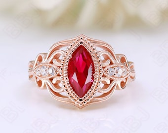 Bague rubis Marquise Lab : or rose en filigrane, style Victoria