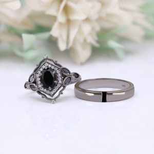 Celtic Natural Black Onyx Couples Ring Set His and Hers Black Rhodium Wedding Band Sterling Silver Baguette Unique Matching Couples Ring