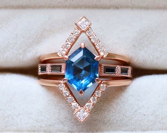 Hexagon London Blue Topaz Gemstone 925 Silver 14K  Rose Gold Engagement Ring Set Wedding Ring Set Bridal RIng Set STackable Bands For Her