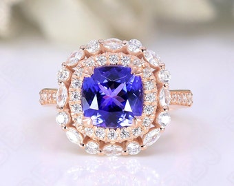 AAAA Tanzanite Ring: Cushion Cut, Rose Gold, Moissanite Accents