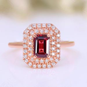 Octagon Red Garnet Gemstone 925 Silver 14K 18K Rose Gold Engagement Wedding Promise Statement Halo Art Deco Ring Birthday Anniversary Gift