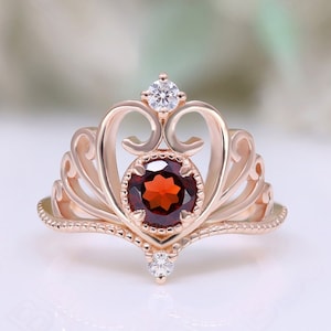 Round Red Garnet Gemstone 925 Silver 14K 18K Rose Gold Halo Engagement Promise Statement Crown Ring Birthday Anniversary Graduation Gift