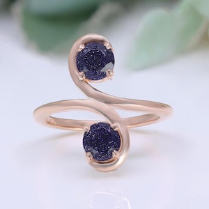 Two Eye Round Blue Sandstone Gemstone 925 Silver 14K Rose Gold Solitaire Engagement Promise Statement Ring Birthday Anniversary Gift