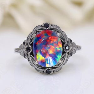 Oval Schwarz Opal Edelstein 925 Silber Schwarz rhodiniert Ring für sie Verlobung Verlobung Ring Art Deco Ring Jahrestag Geschenk für sie