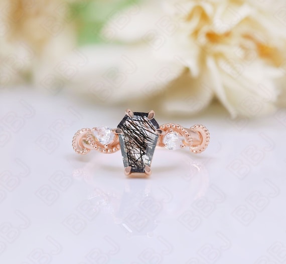 Coffin Black Rutilated Quartz 925 Silver 14K 18K Rose Gold Art