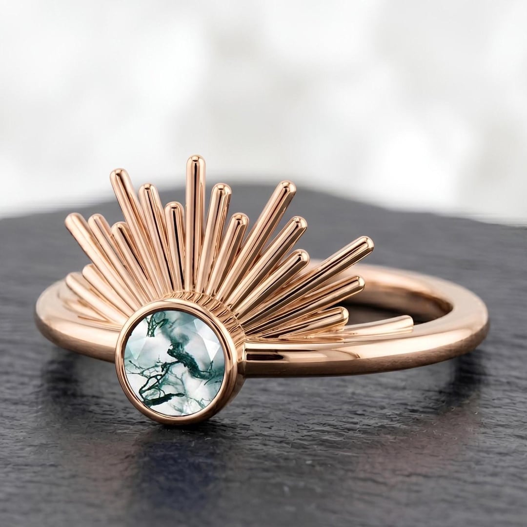 Moss Agate Sunburst Ring in Rose Gold, Celestial Nature Inspired ...