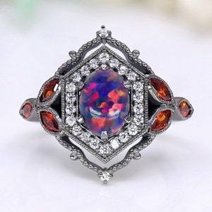 Oval Schwarzer Opal Edelstein 925 Silber Schwarz rhodiniert Ring für sie Verlobung Versprechen Ring Halo Art Deco Ring Jahrestag Geschenk für sie