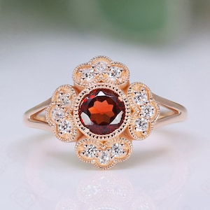 Round Red Garnet Gemstone 925 Silver 14K 18K Rose Gold Halo Engagement Promise Statement Dainty Ring Birthday Anniversary Graduation Gift