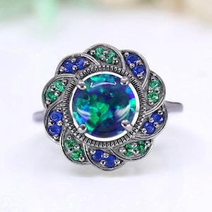 Vivid Northern Lights Round Peacock Opal 925 Silver Black Rhodium Engagement Ring Wedding Ring Bridal Ring Anniversary Gift Birthday Gift