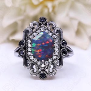 Hexagon Black Opal Gemstone 925 Silver Black Rhodium Plated Ring For Her Engagement Promise Ring Art Deco Ring Anniversary Gift For Her