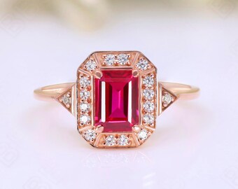 Octagon Ruby Ring: 925 Silver, Rose Gold Plated, Halo Design, Moissanite Accents