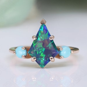 Vivid Northern Lights Kite Peacock Opal 14K Rose Gold 925 Silver Engagement Ring Wedding Ring Bridal Ring Art Deco Ring Birthday Gift