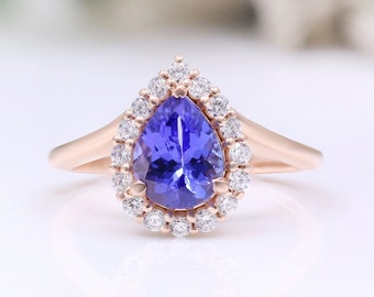 Pear Cut Tanzanite Ring: 14k Rose Gold Diamond Halo Engagement Ring