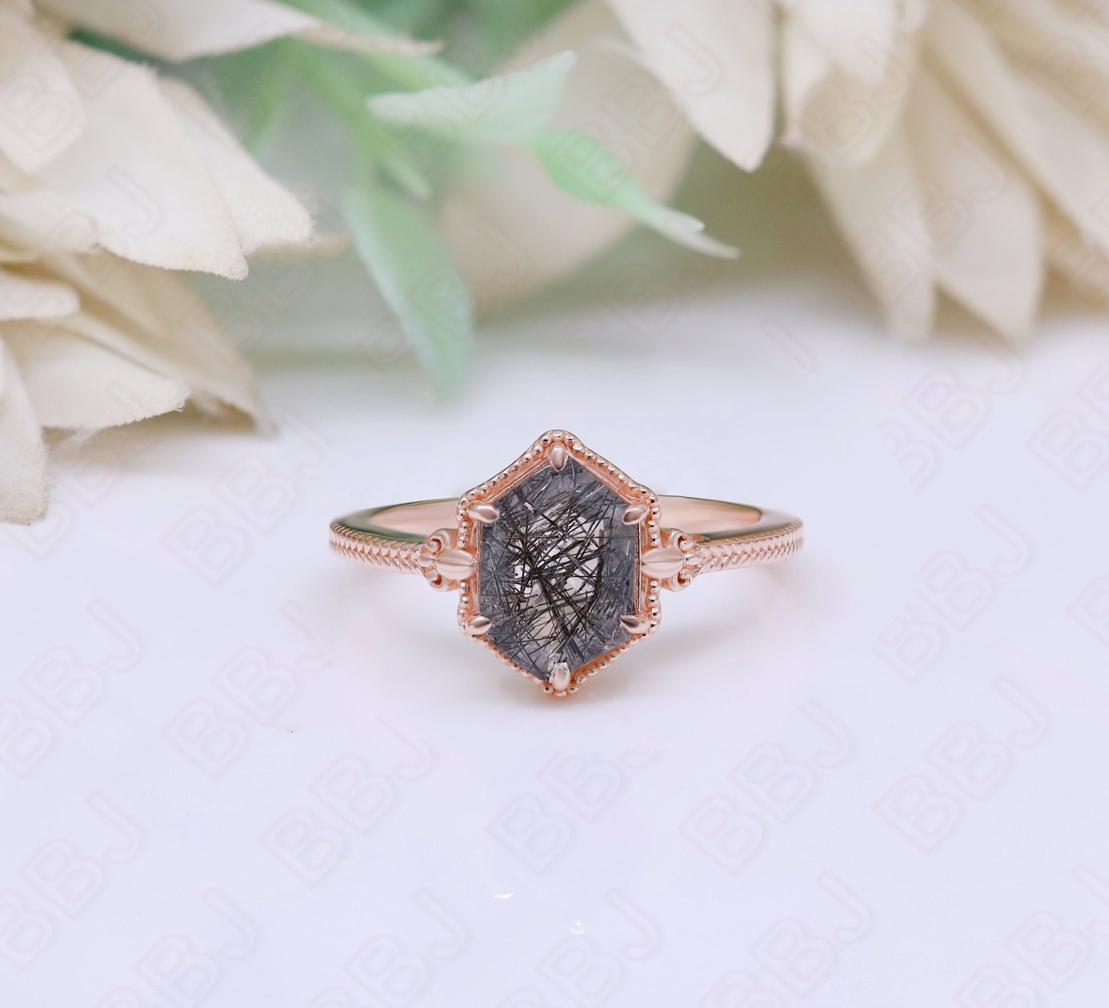 六角形 ブラック ルチルクォーツ 925 シルバー 14K 18K ローズ