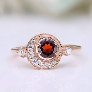 Round Red Garnet Gemstone 925 Silver 14K 18K Rose Gold Halo Engagement Promise Statement Dainty Ring Birthday Anniversary Graduation Gift